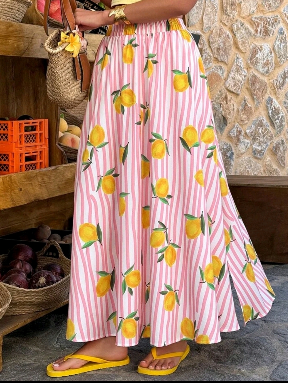 Women’s Pink Striped Lemon Print Maxi Skirt - Picture 5 of 5